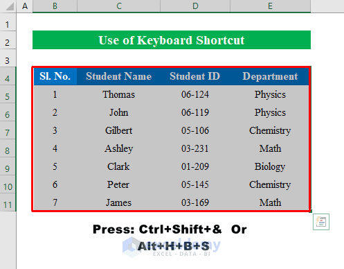 Keyboard Shortcut to Add Cell Borders Inside and Outside in Excel