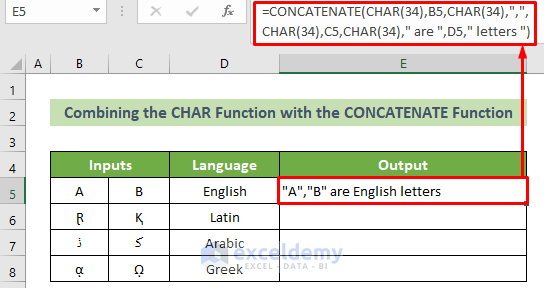 Combine the CONCATENATE and CHAR Function to Add Double Quotes and Comma in Excel Concatenate