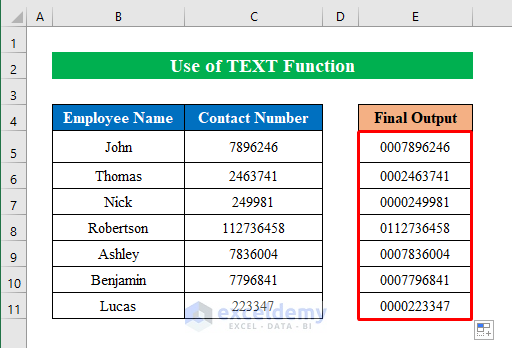 Perform TEXT Function to Add Leading Zeros to Construct 10 Digits