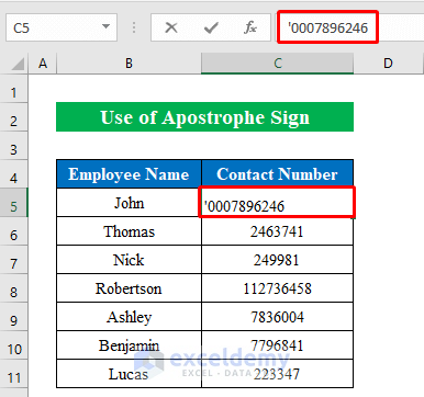 Add Apostrophe Sign Before Numbers to Add Leading Zeros in Excel