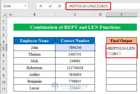 Combine REPT and LEN Functions to Add Leading Zeros in Excel
