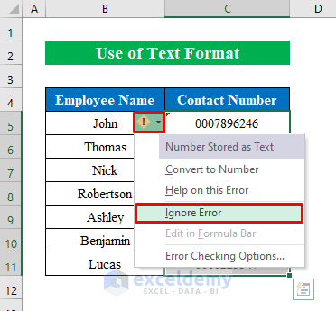 Apply Text Format to Insert Leading Zeros to Make 10 Digits