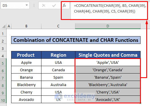 Merge CONCATENATE and CHAR Functions to Add Single Quotes and Comma