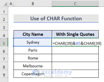 Use CHAR Function to Add Single Quotes in Excel