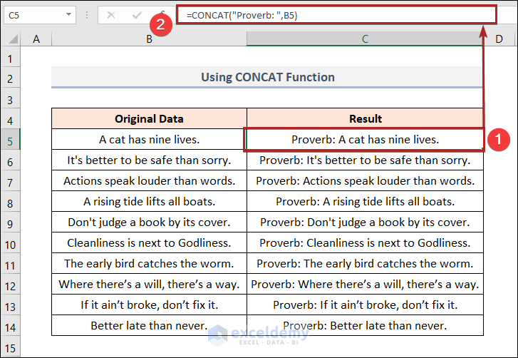 How to Add Text to Multiple Cells in Excel Using CONCAT Function
