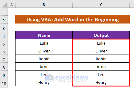 Applying VBA to Add a Word in All Rows