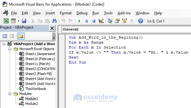 Applying VBA to Add a Word in All Rows