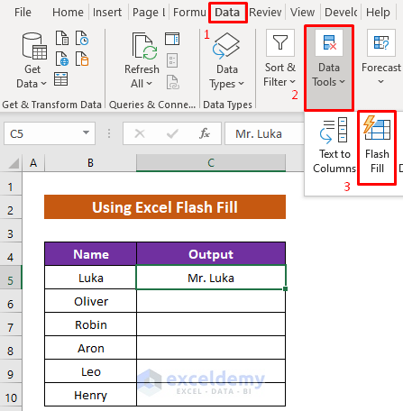 Add a Word in All Rows Using Excel Flash Fill