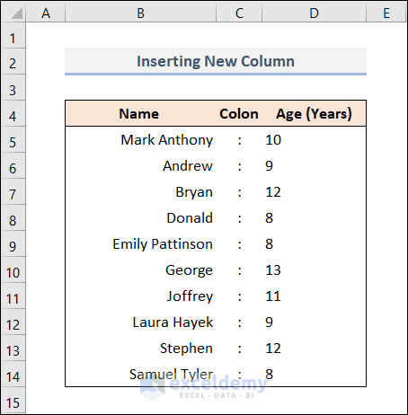 How to Align Colon in Excel Inserting a New Column