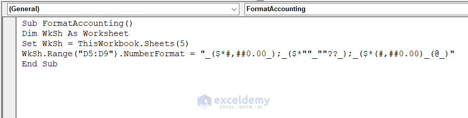 Insert Accounting Number Format to Selected Cells with Excel VBA