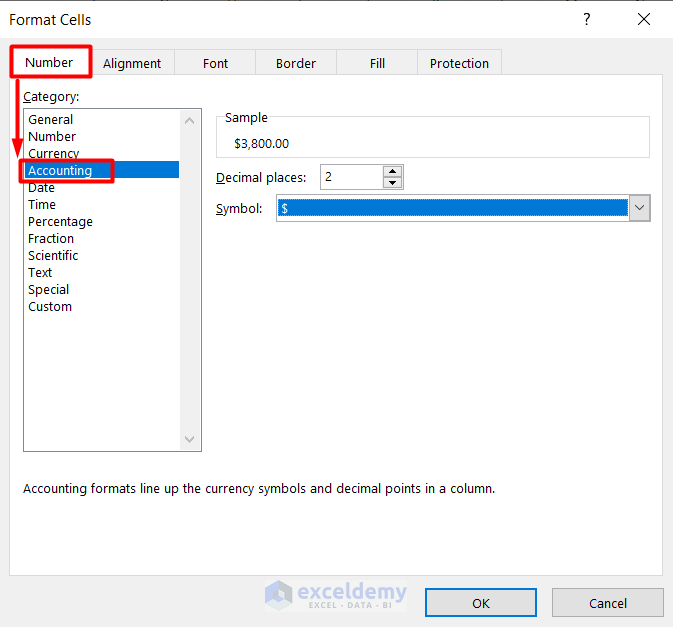 Apply Accounting Number Format to Selected Cells with Format Cells Dialogue Box