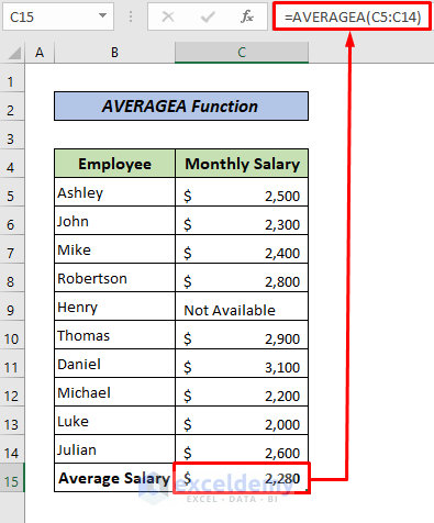 Use AVERAGEA Function to Calculate Average Salary If Any Input Is Unavailable