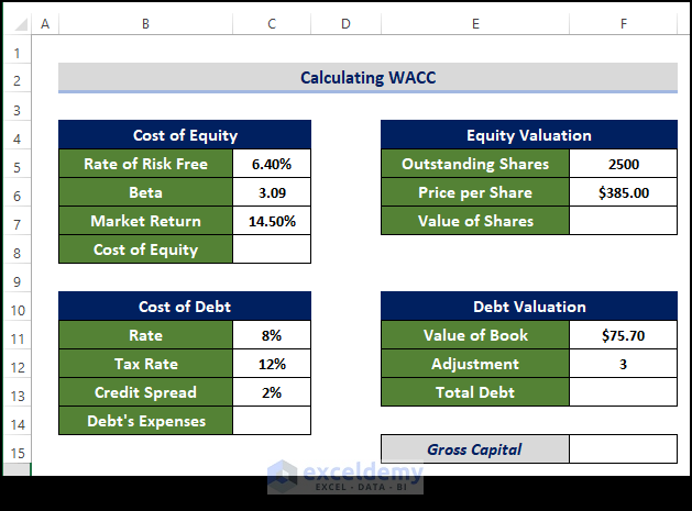 Prepare Input Data to Calculate Wacc in Excel 