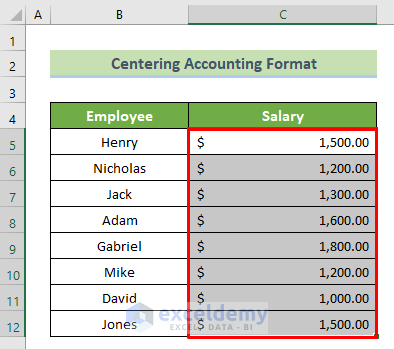 Select the Accounting Formatted Cells to Center Accounting Format in Excel