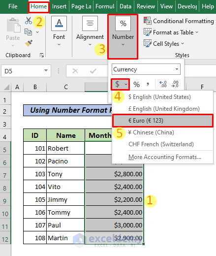 Use Number Format Feature to Change Currency Symbol in Excel