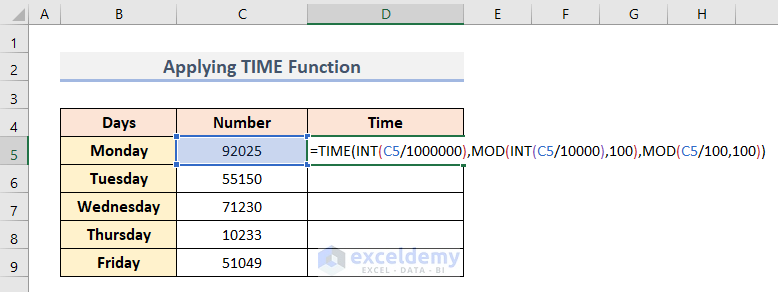 2. Conversion of 5 Digit Number to Time with TIME Function