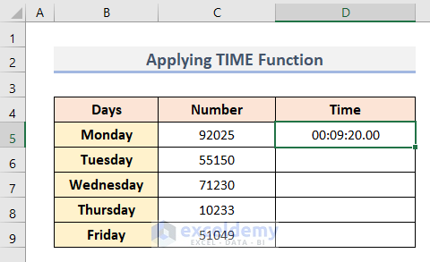2. Conversion of 5 Digit Number to Time with TIME Function
