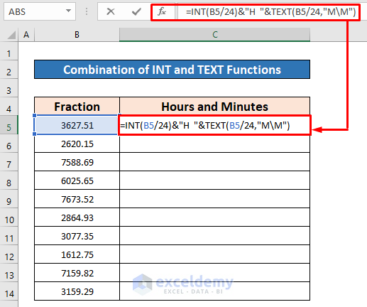 Combine INT and TEXT Functions to Convert Fraction into Hours and Minutes in Excel