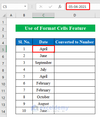Use Format Cells Feature to Convert Month to Number