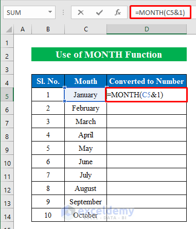Insert MONTH Function to Convert Month to Number in Excel