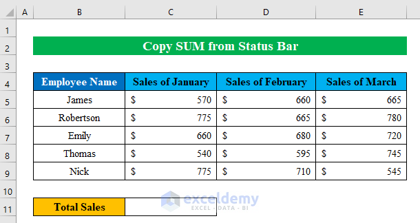 Copy Sum from Status Bar in Excel