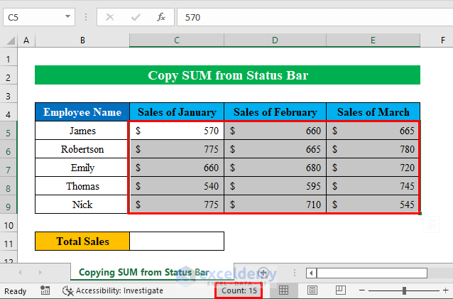 Copy Sum from Status Bar in Excel