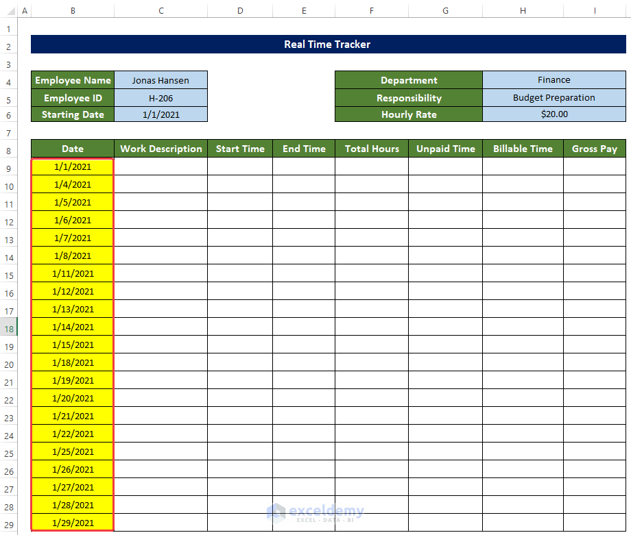 Preparing Template to Create Real Time Tracker in Excel