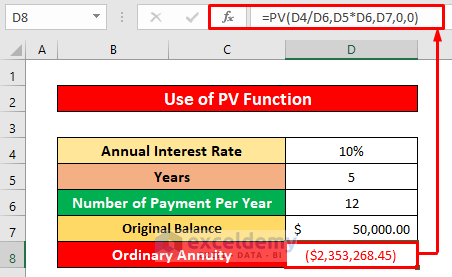 Apply PV Function to Do Ordinary Annuity in Excel