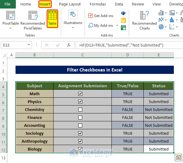 Convert Dataset to Table to Filter Checkboxes in Excel
