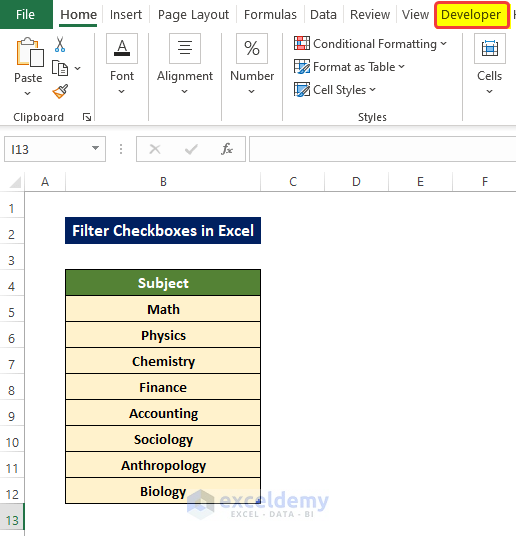 Add Developer Tab to Filter Checkboxes in Excel