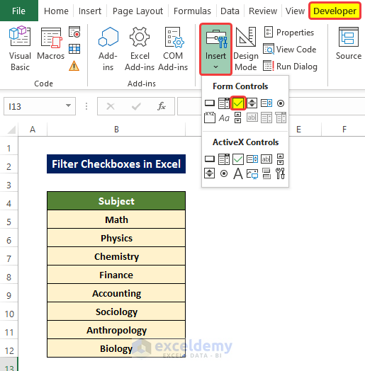 Add Checkboxes from Developer Tab to Filter Checkboxes in Excel