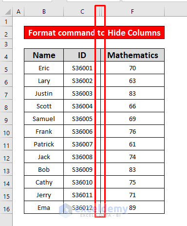 Apply Format command to Hide Multiple Columns in Excel