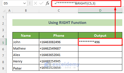 Use the RIGHT Function to Hide Left Part of Text in Excel Cells