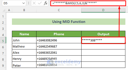 Use the MID Function to Hide Left & Right Part of Text in Excel Cells