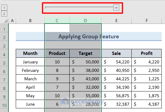 Apply Group Feature to Hide and Unhide Columns