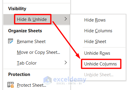Hide and Unhide Columns with Format Tool in Excel