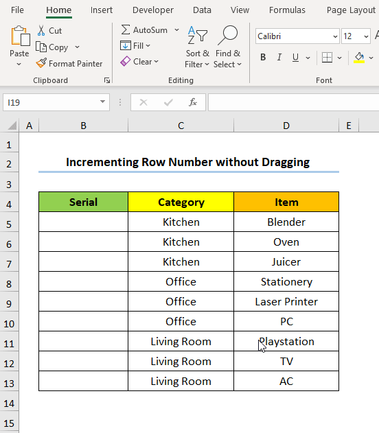 How to Increment Row Number without Dragging in Excel