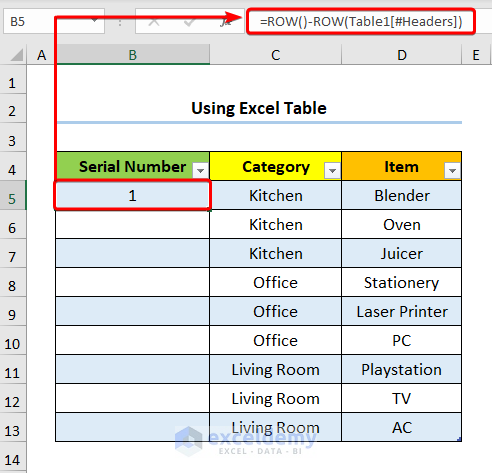 How to Increment Row Number in Excel Formula Using Excel Table