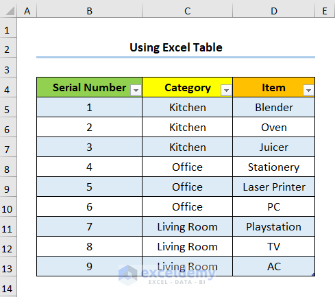 How to Increment Row Number in Excel Formula Using Excel Table
