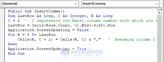 Code in the Code Window to Insert Comma in Excel for Multiple Rows