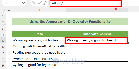 Use Ampersand (&) to Insert Comma in Excel for Multiple Rows