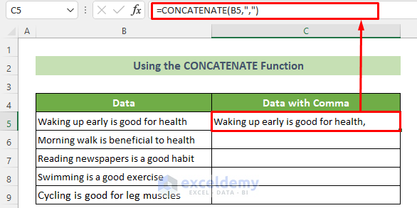 Insert the CONCATENATE Function to Insert Comma in Excel for Multiple Rows