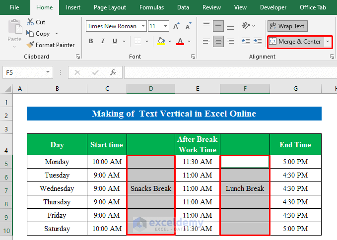 Make Text Vertical in Excel Online