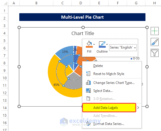 Add Data Label and Format to Make a Multi-Level Pie Chart in Excel 