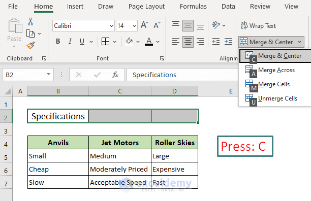 Shortcuts to Merge and Center a Title in Excel