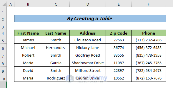 Organize Addresses in Excel by Creating a Table
