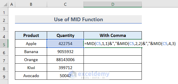 Put Comma after 3 Digits with Excel MID Function