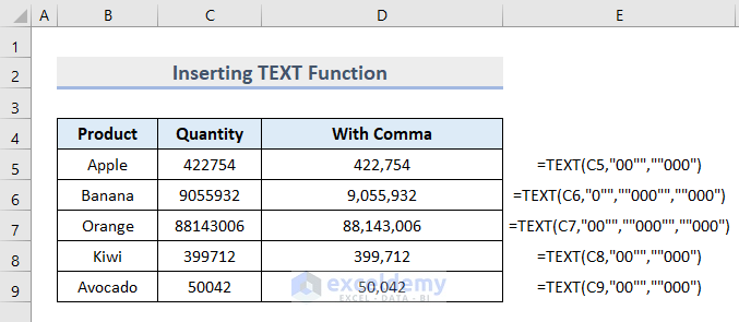 Insert TEXT Function to Insert Comma in Excel
