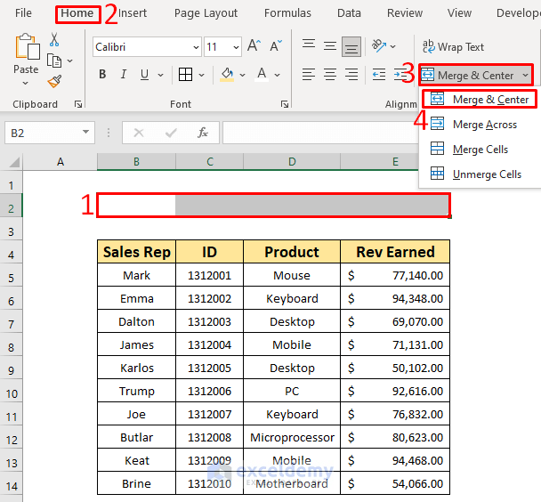 put a title across cells in excel