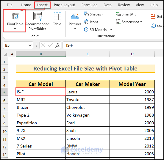 How to Reduce Excel File Size with Pivot Table 3